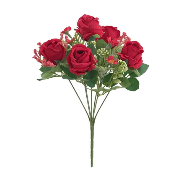 Flores artificiales Rosas artificiales de imitación de seda Rosas artificiales hechas con tallos Ramo de novia Diseños falsos Escena para mesa de boda Sensación de tela de seda Rosa simulada