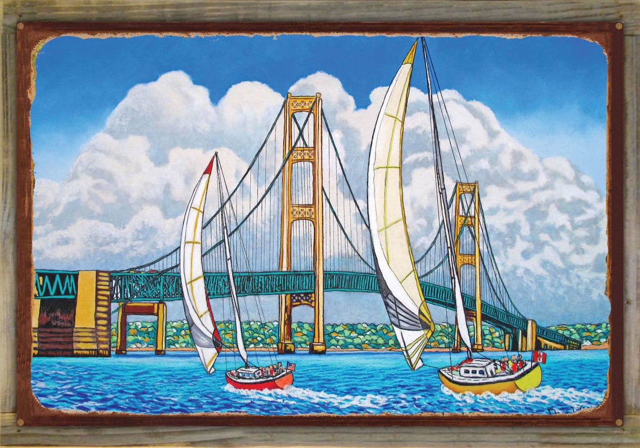 Mackinac Bridge Michigan Rustic Metal Print on Reclaimed Barn Wood by