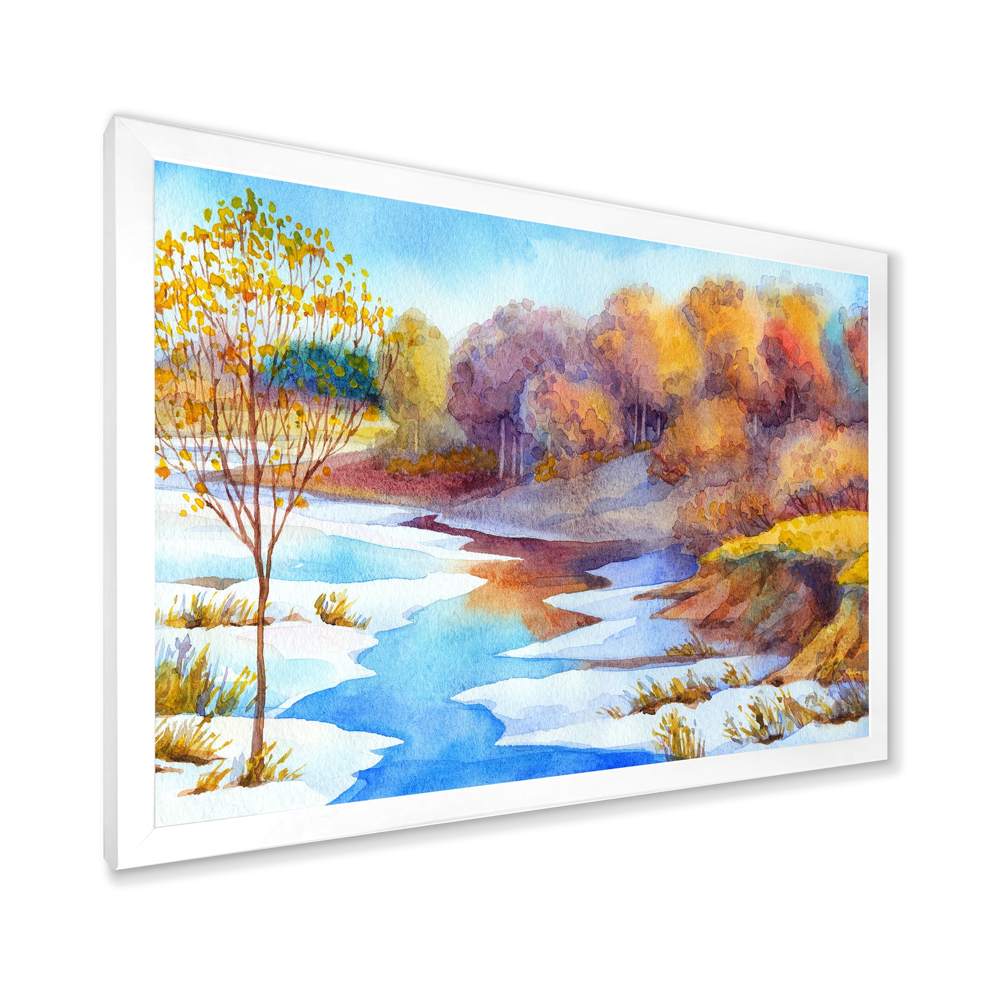 Designart 'Stream Though The Winter Forest Valley' Lake House Framed Art Print