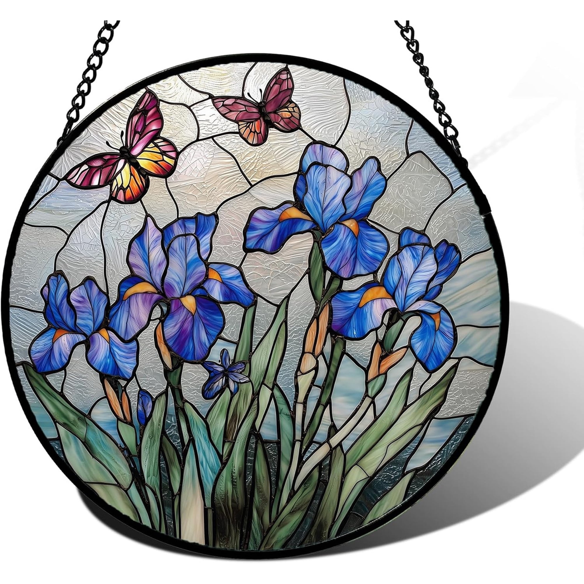 Blue Iris Butterfly Stained Glass Style Glass Suncatcher for Botanical Window Decor 3.5 in