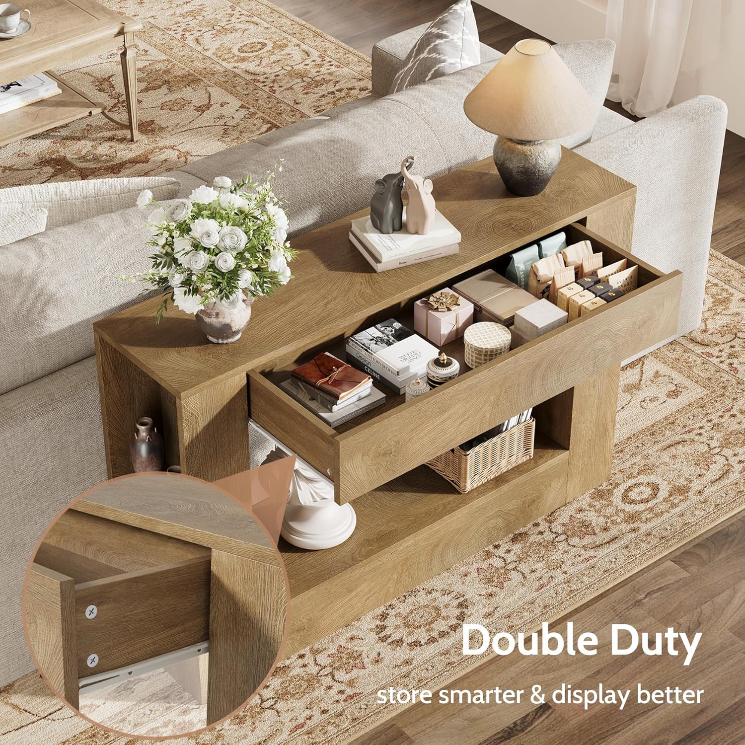 Vividwood 47" Farmhouse Wood Console Table with Drawer and Storage Shelves, Natural