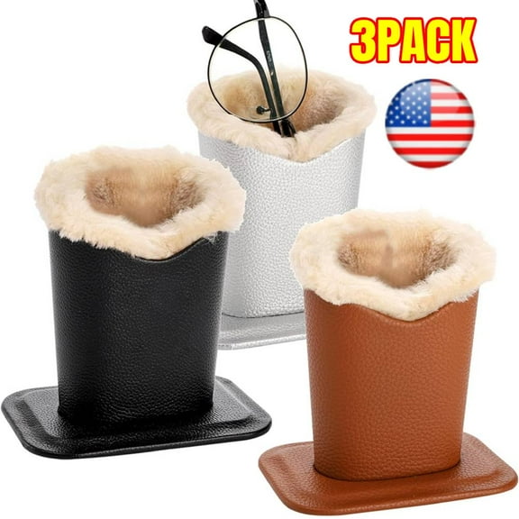 3 PCS Eyeglass Holders, PU Leather Eyeglass Holder Stands with Soft Plush Lining, Black, Brown