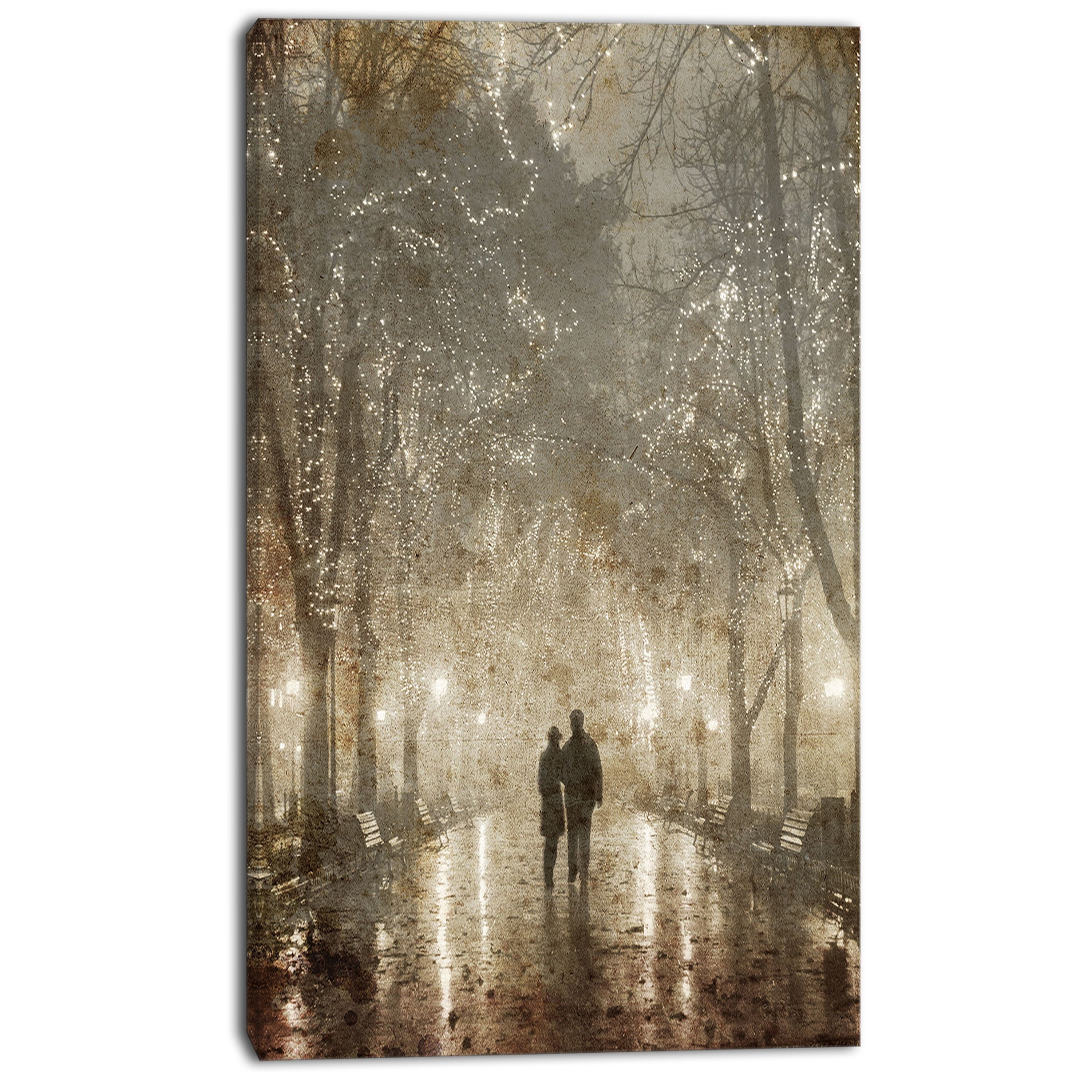 Designart 'Couple Walking in Night Lights ' Landscape Photography Canvas Print