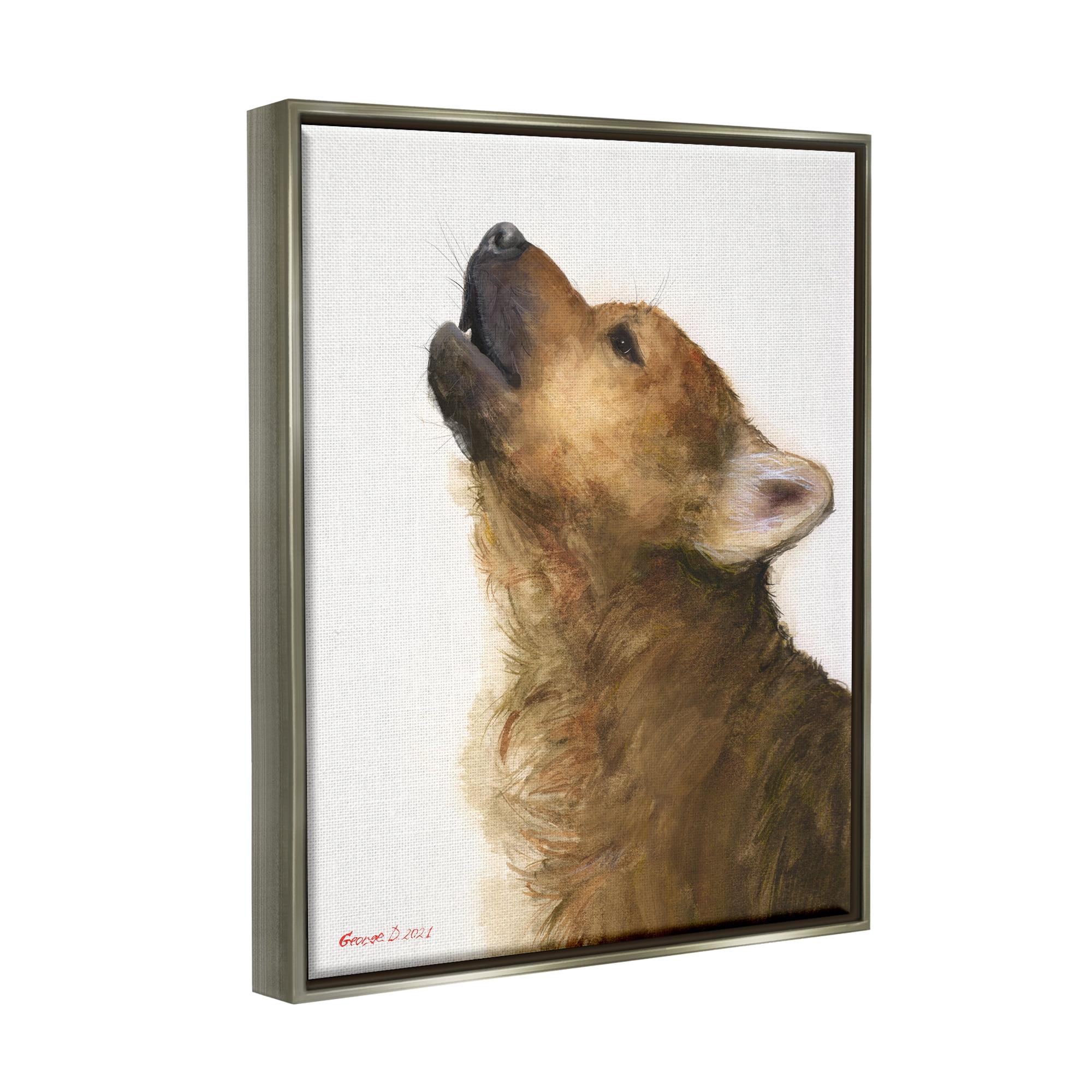 Stupell Industries Howling Brown Dog Portrait Intricate Details Painting Painting Luster Gray Floating Framed Canvas Print Wall Art, Design by George Dyachenko