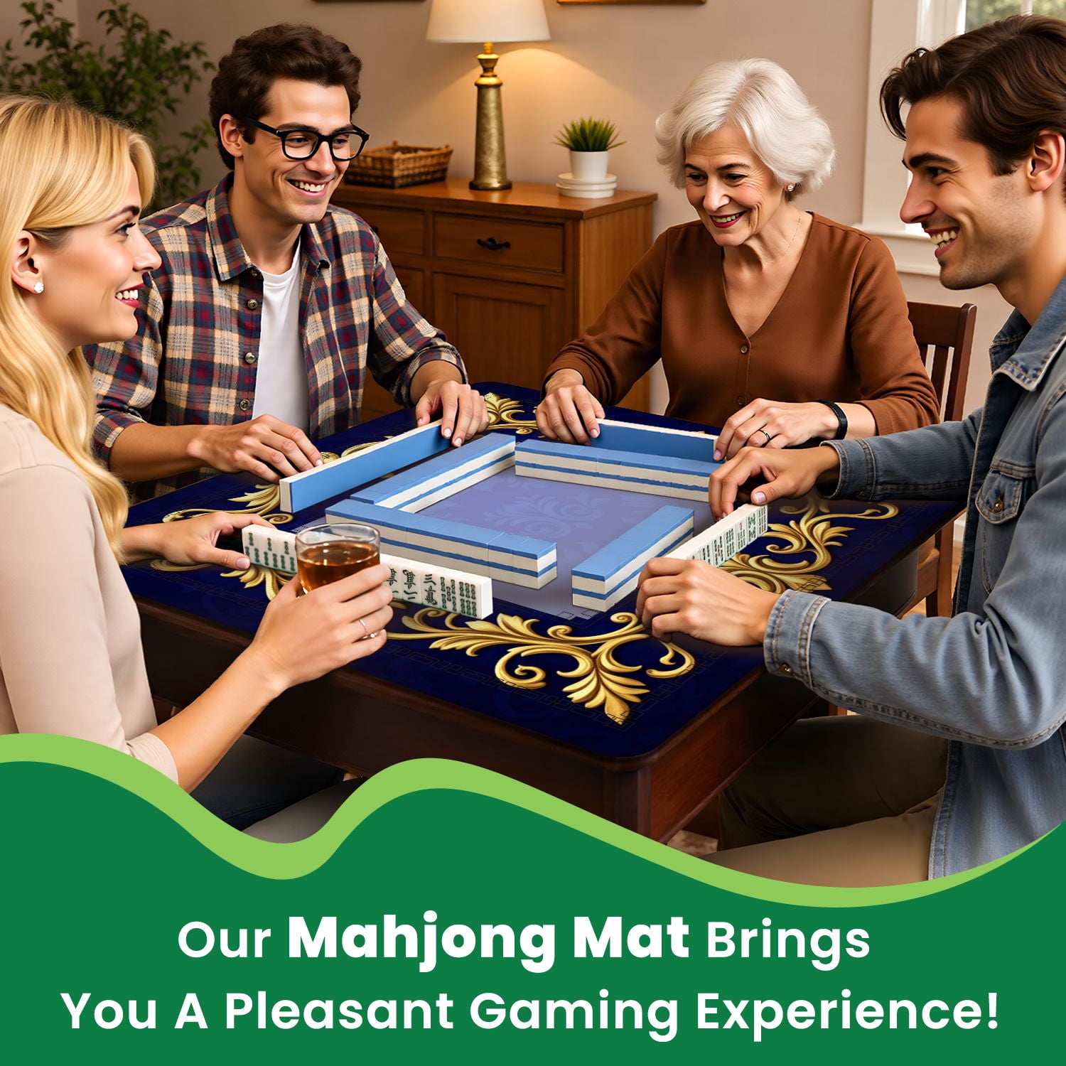 Mahjong Mat 31.5" x 31.5" Elegant Ornate Gold Frame Floral Deep Blue Non-Slip Noise Reduction American Mahjong Tiles Table Cover for Dominoes Poker Card Board Games Gift