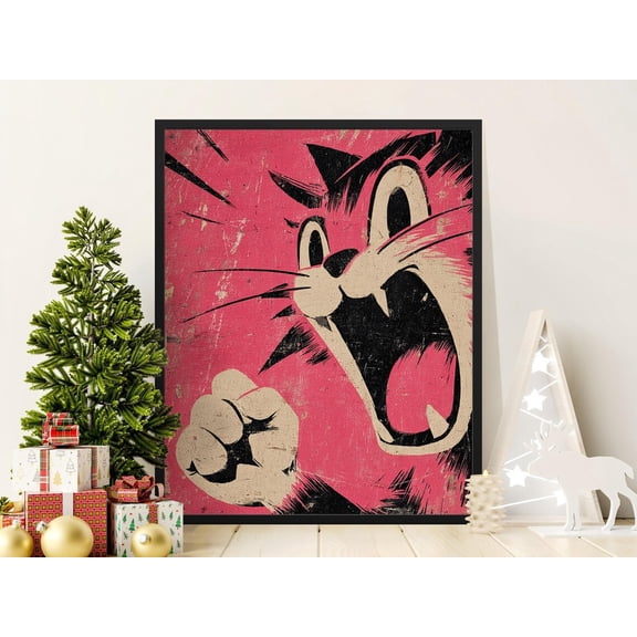 Retro Cartoon Cat Poster Pop Art Propaganda Print Grunge Pink Black Decor, Unframed Paper Poster 8x10in