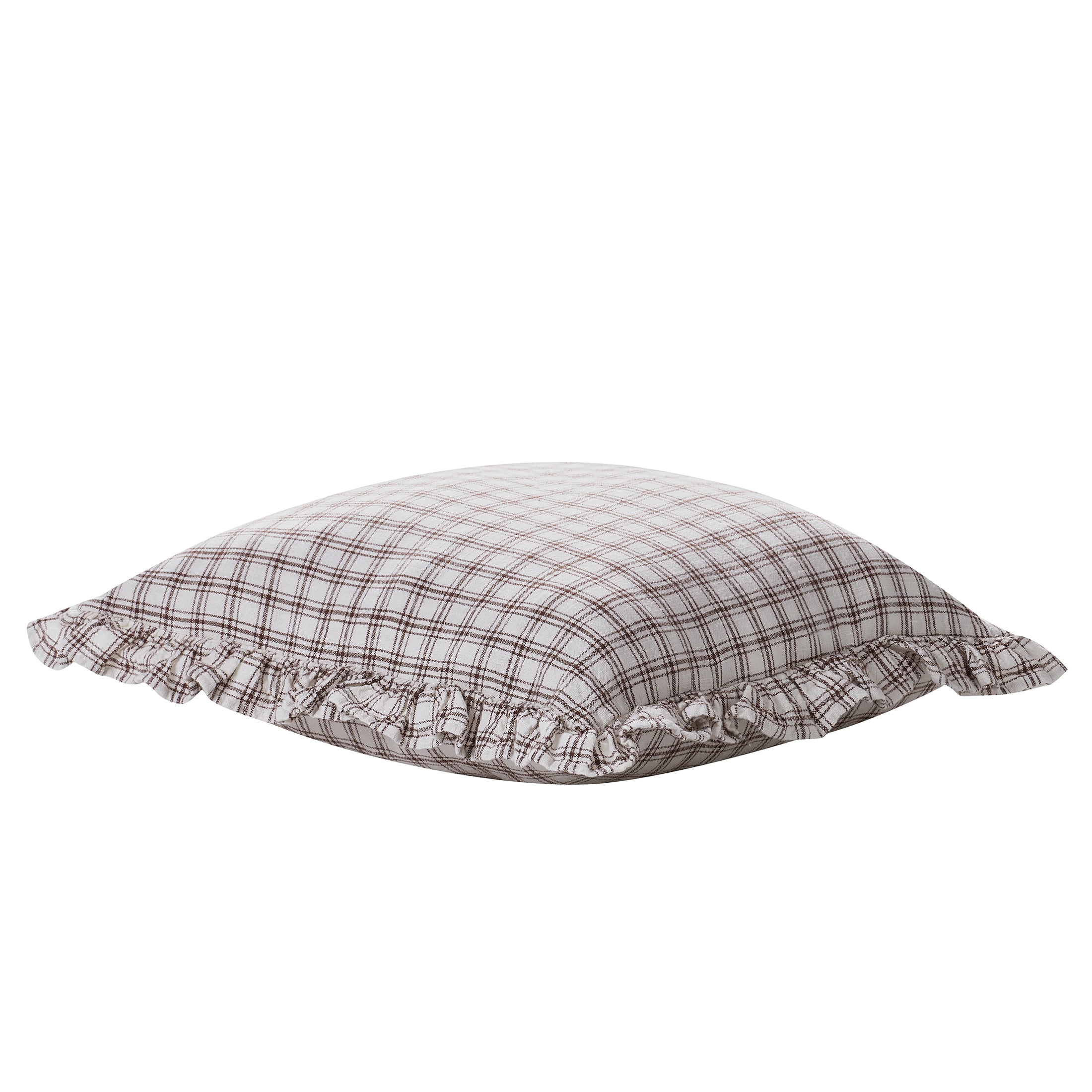 My Texas House 18" x 18" Ivory/Brown Ruffle Plaid Cotton Decorative Pillow
