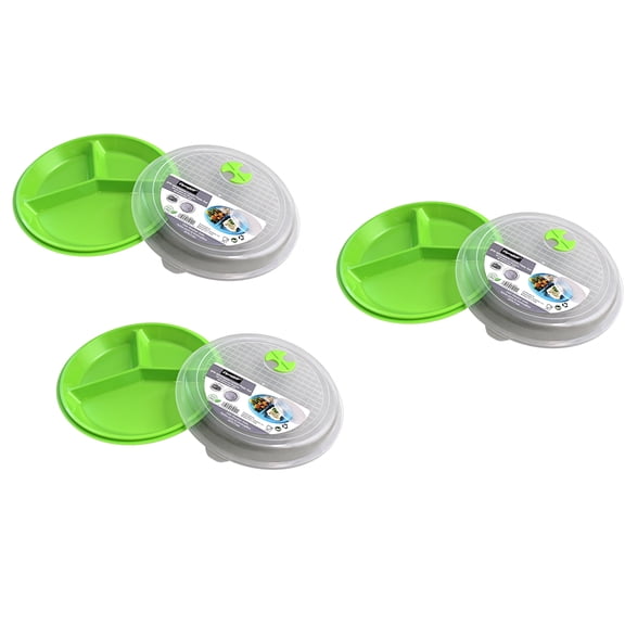 3-Pack Divided Microwave Plates with Vented Lids BPA-Free Green