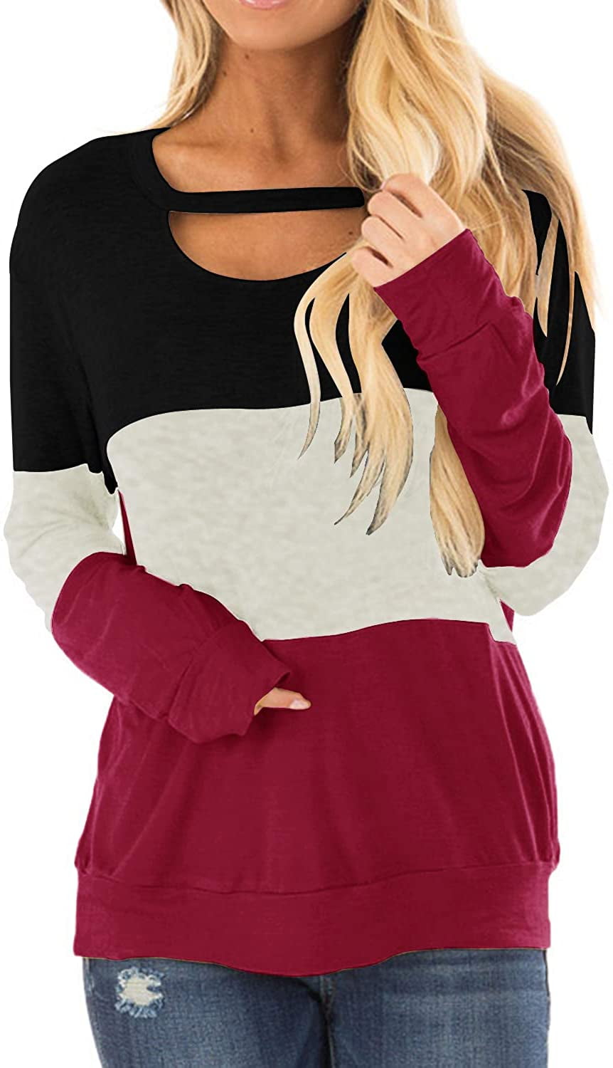 Topstype Women's Long Sleeve Tunics Color Block Cutout Sweatshirt Loose Fit Tops