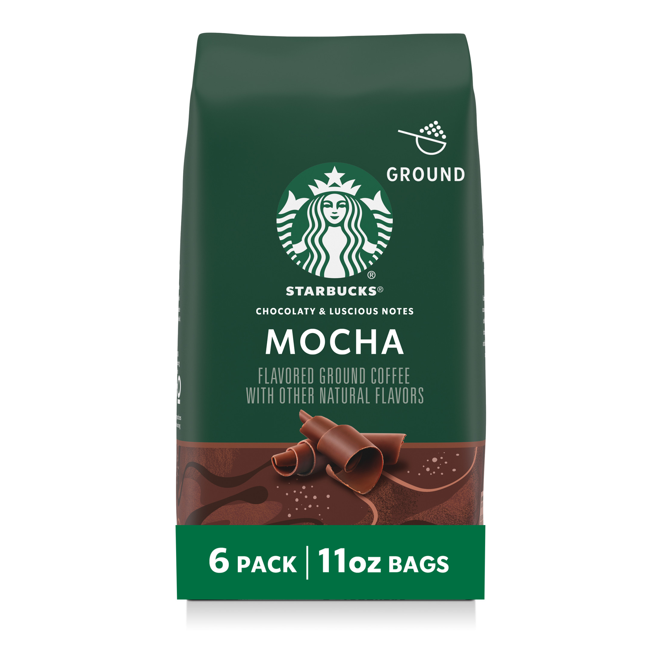 (6 pack) Starbucks Mocha, Ground Coffee, Flavored Roast Hot or Iced Coffee, 11 oz (6 Bags)