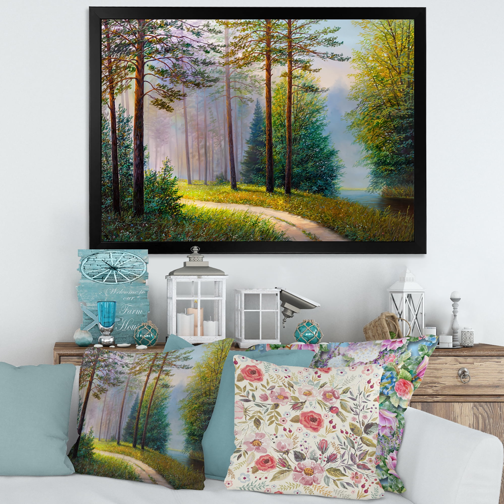 Designart 'Subtle Sunset Light Through The Trees II' Lake House Framed Art Print