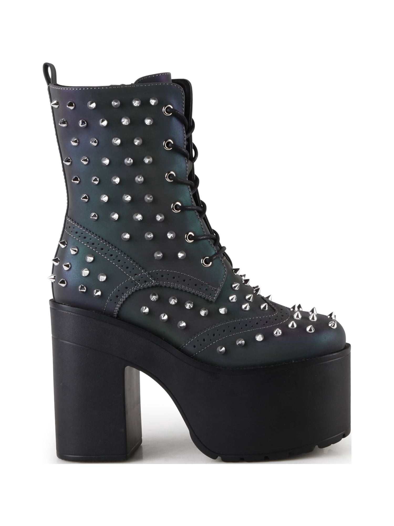 Reflective Brogue Spiked Women's Festival Rave Combat Ankle Boots in Multi