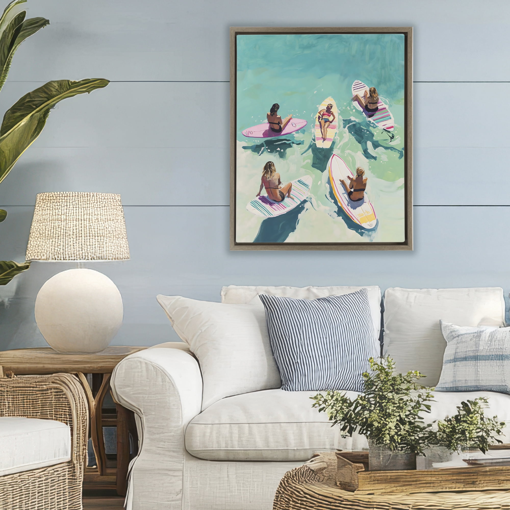 Stupell Industries Women Surfers at Turquoise Beach Brown Framed Floater Canvas Wall Art, design by The Prints Vibe