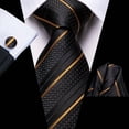 thumbnail image 3 of Hi-Tie Black Gold Stripe Ties for Men Jacquard Silk Necktie Handkerchief Cufflinks Set for Formal Business Party Prom, 3 of 7