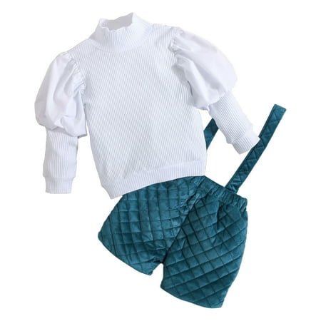 

QYZEU 5T Girls Shirts Teen Outfits Girls Baby Girls Cotton Autumn Ribbed Long Sleeve Tops Pullover Suspender Pants Set Clothes