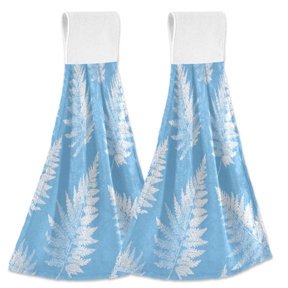 Light Blue Background Fern Leaves Hanging Towels with Loop Hand Towels Nylon Fastener Tape Design Dish Cloths 2 Pcs