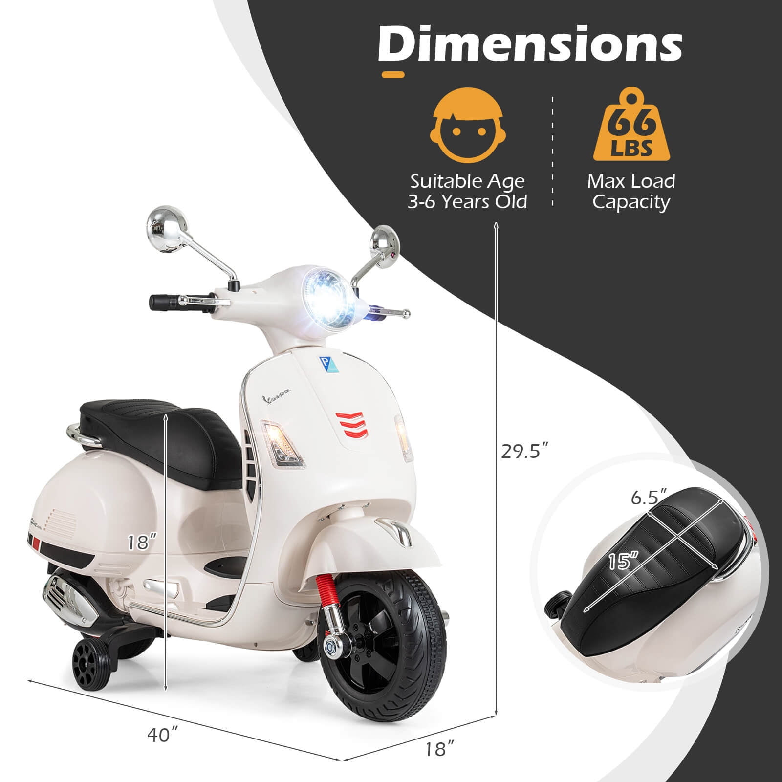 Costway Licensed VESPA 12V Kids Electric Motorcycle with Music
