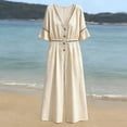 thumbnail image 5 of Wide Leg Pants Women's Fashion Solid V-Neck Short Sleeve Beach Vacation Pockets Button Long Jumpsuit Beige 2XL, 5 of 6