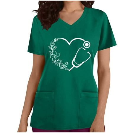 

Scrubs Tops for Women Heartbeat Graphic Printed Short Sleeve V-Neck Nurse Uniforms Soft Stretch Revolution Holiday Scrubs with Pocket