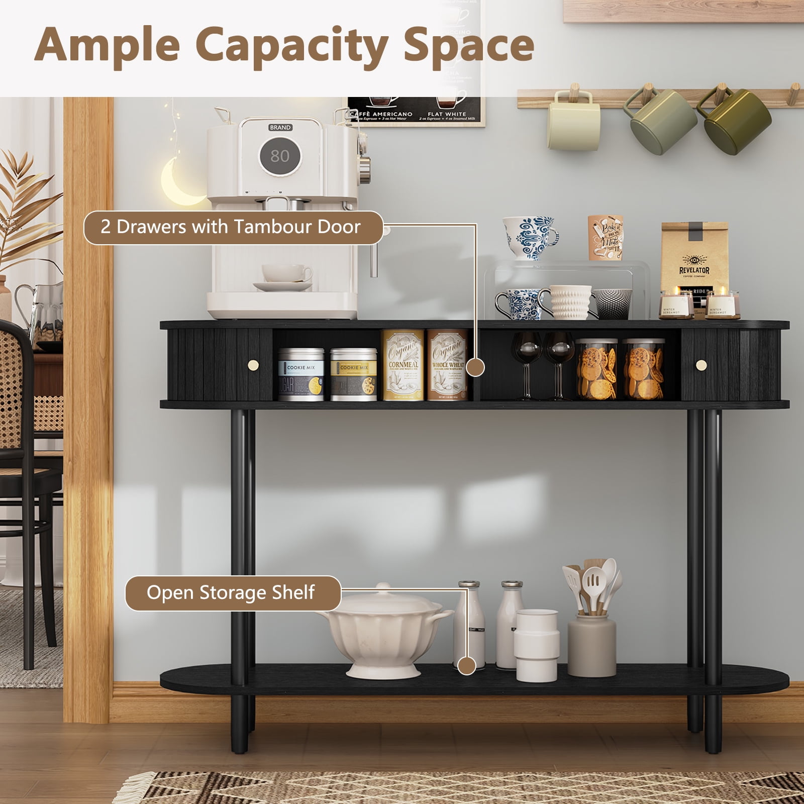 HLR 47.2" Farmhouse Console Table, Entryway Table with 2 Tambour Doors for Living Room, Black