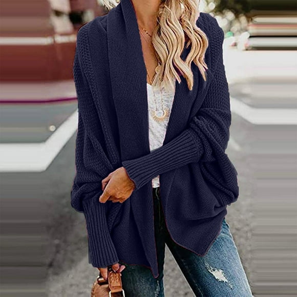 Virmaxy Knit Cardigan Women's Kimono Cable Knitted Slouchy Oversized Wrap Cardigan Sweater Crochet Cardigans For Women Navy XL