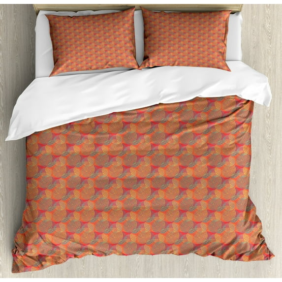 Geometric Duvet Cover Set King Size, Abstract Style Geometric Elements Colorful Spirals on Warm Colored Background, Decorative 3 Piece Bedding Set with 2 Pillow Shams, Multicolor, by Ambesonne