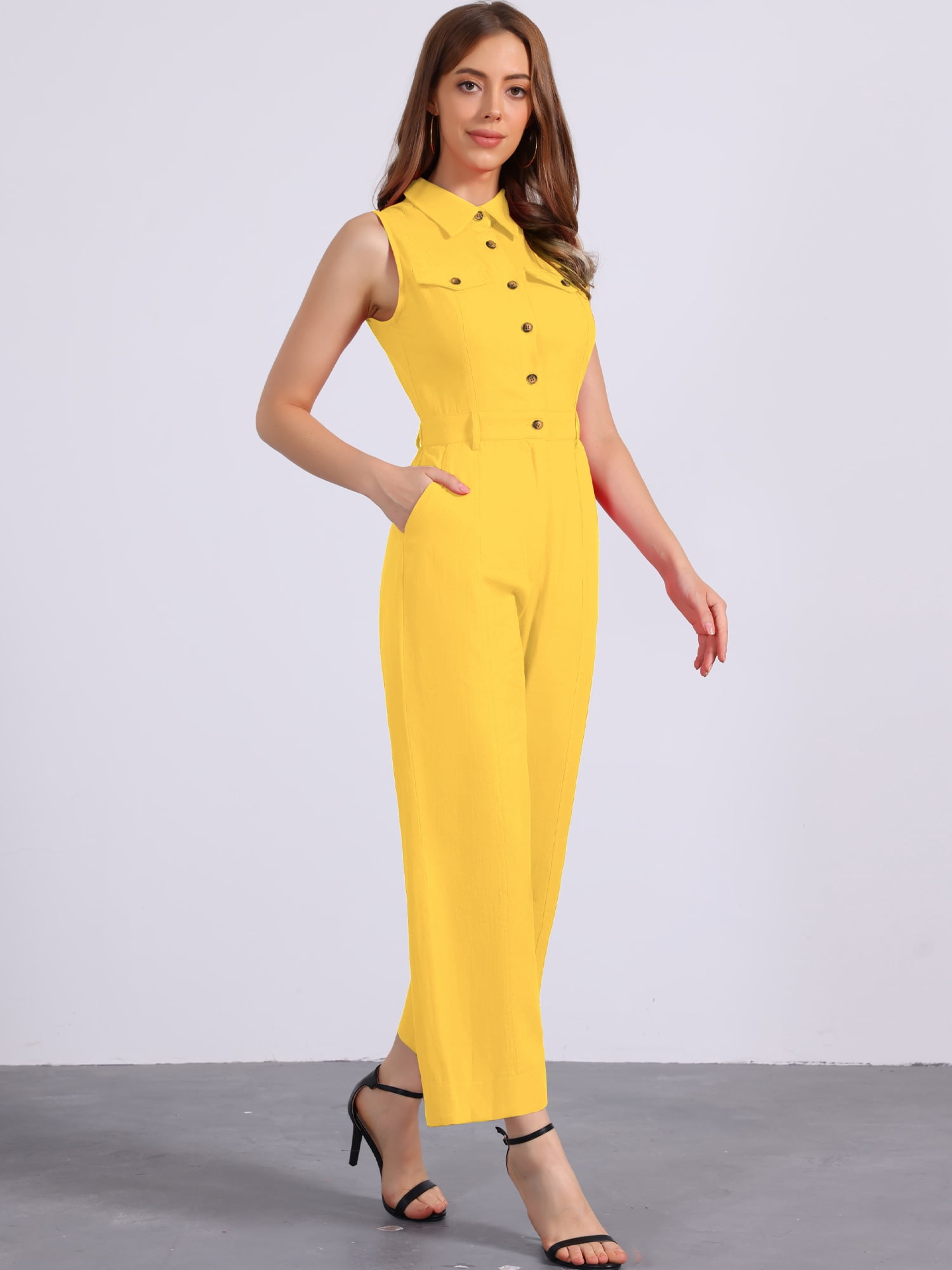 DARING DIVA Women's Wide Leg Jumpsuit Sleeveless Collared Tie Waist Coverall XL Golden