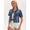 thumbnail image 2 of DARING DIVA Women's Short Sleeve Button Up Ripped Frayed Cropped Jean Jacket S Blue, 2 of 7