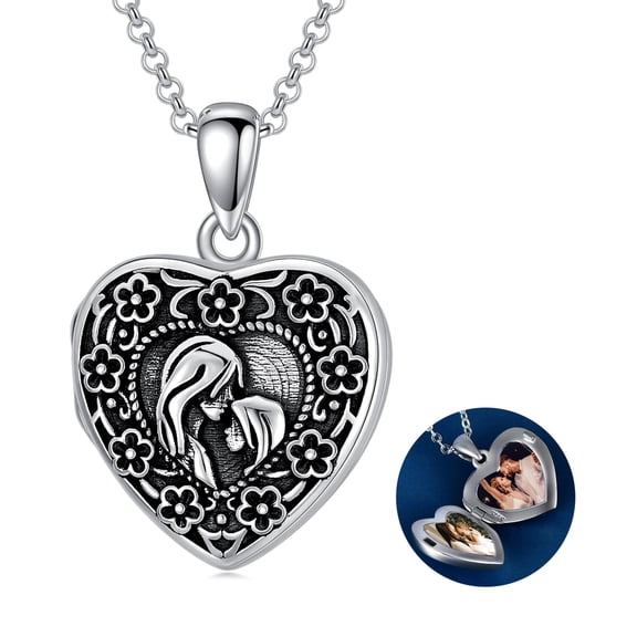 YAFEINI Heart Locket Necklace That Holds Pictures Sterling Silver Flower Lockets Jewelry Gifts for Mom or Daughter