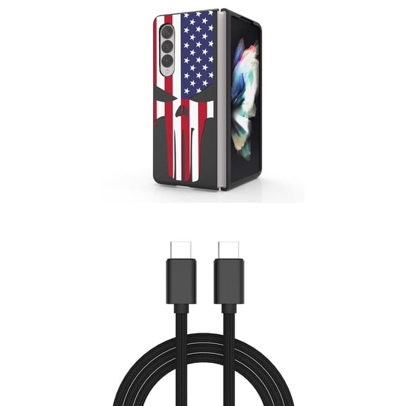 Accessory Bundle for Galaxy Z Fold 4: Slim Snap-On Case (USA Skull Flag), PD Power Delivery USB-C to USB-C Cable (3 Feet)