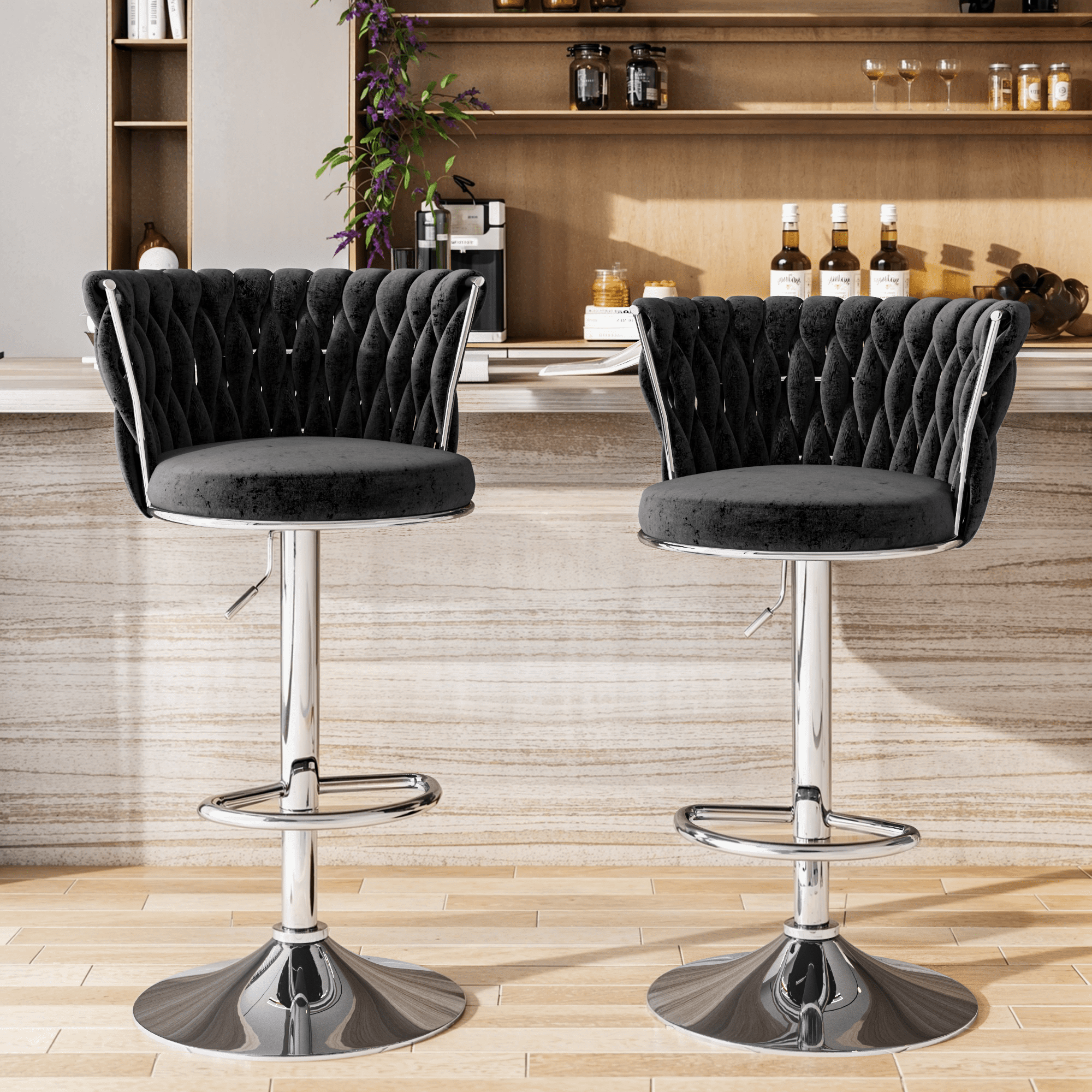 Mieres Velvet Bar Stools Set of 2, Adjustable Height Swivel Pub Chairs with Woven Back, Counter Height Dining Chairs with Footrest, 360° Rotating Kitchen Island Stools for Home & Bar, Black