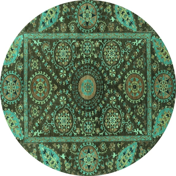 Ahgly Company Machine Washable Indoor Round Oriental Turquoise Blue Traditional Area Rugs, 7' Round