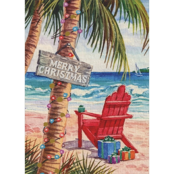 Red Farm Studios Palm Tree, Red Adirondack Chair and Colorful Gifts on Beach with Incoming Waves Box of 15 Tropical Christmas Cards