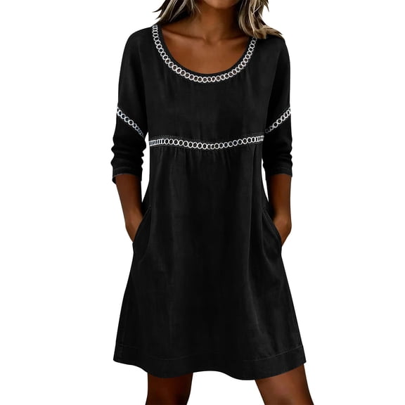 Ohufall Womens Mini Dress Hollow Out 3/4 Sleeve Crew Neck Dresses Stylish Cotton Linen Fashion Vacation Dress