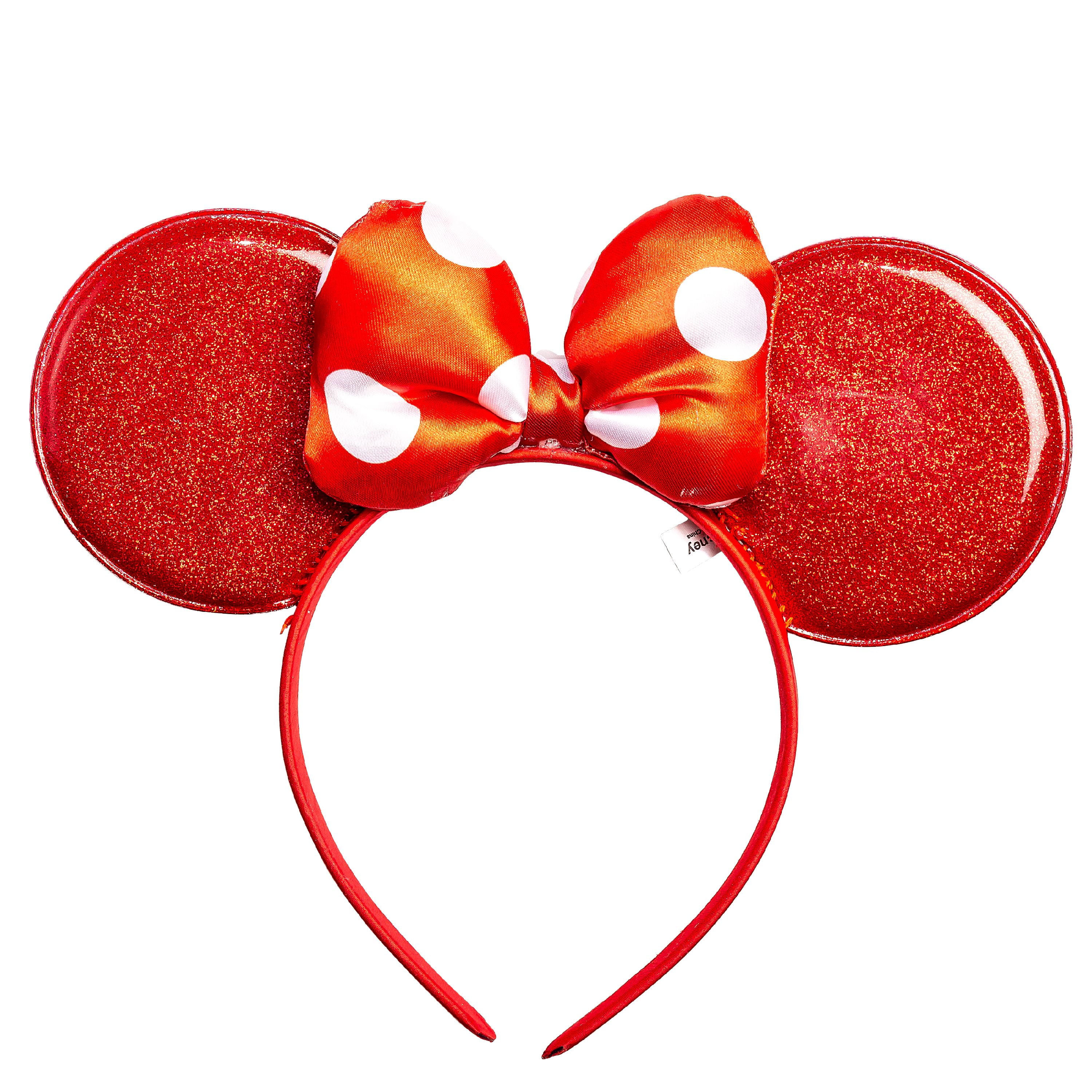 Red with White Polka dots Bow Mickey MINNIE MOUSE EARS Headband Silver Shimmer 