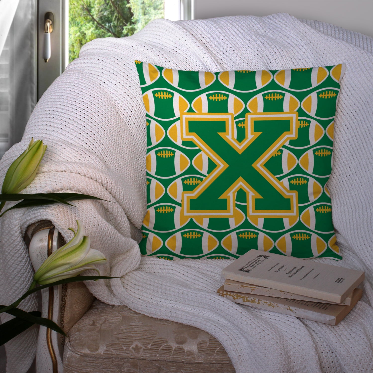 Letter X Football Green and Gold Fabric Decorative Pillow