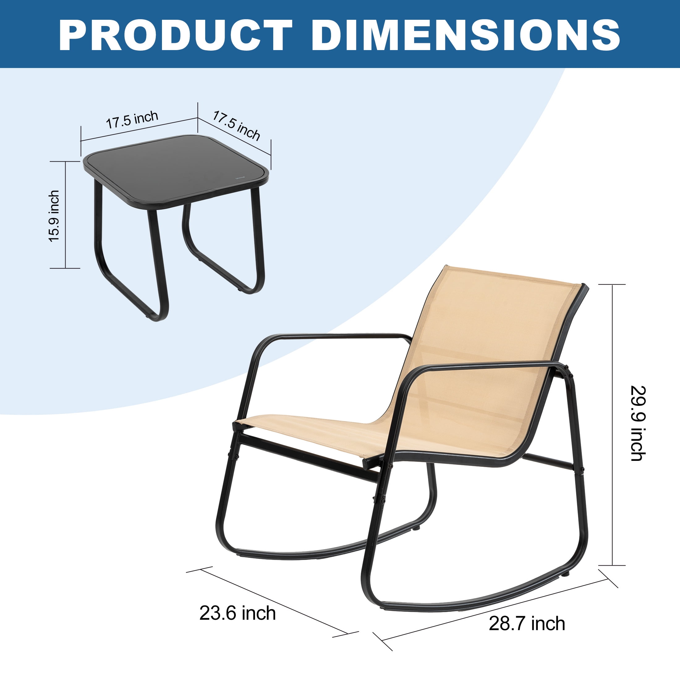 edx 3-Piece Outdoor Rocking Bistro Set with Glass Table Perfect for Poolside, Porch & Lawn, Brown