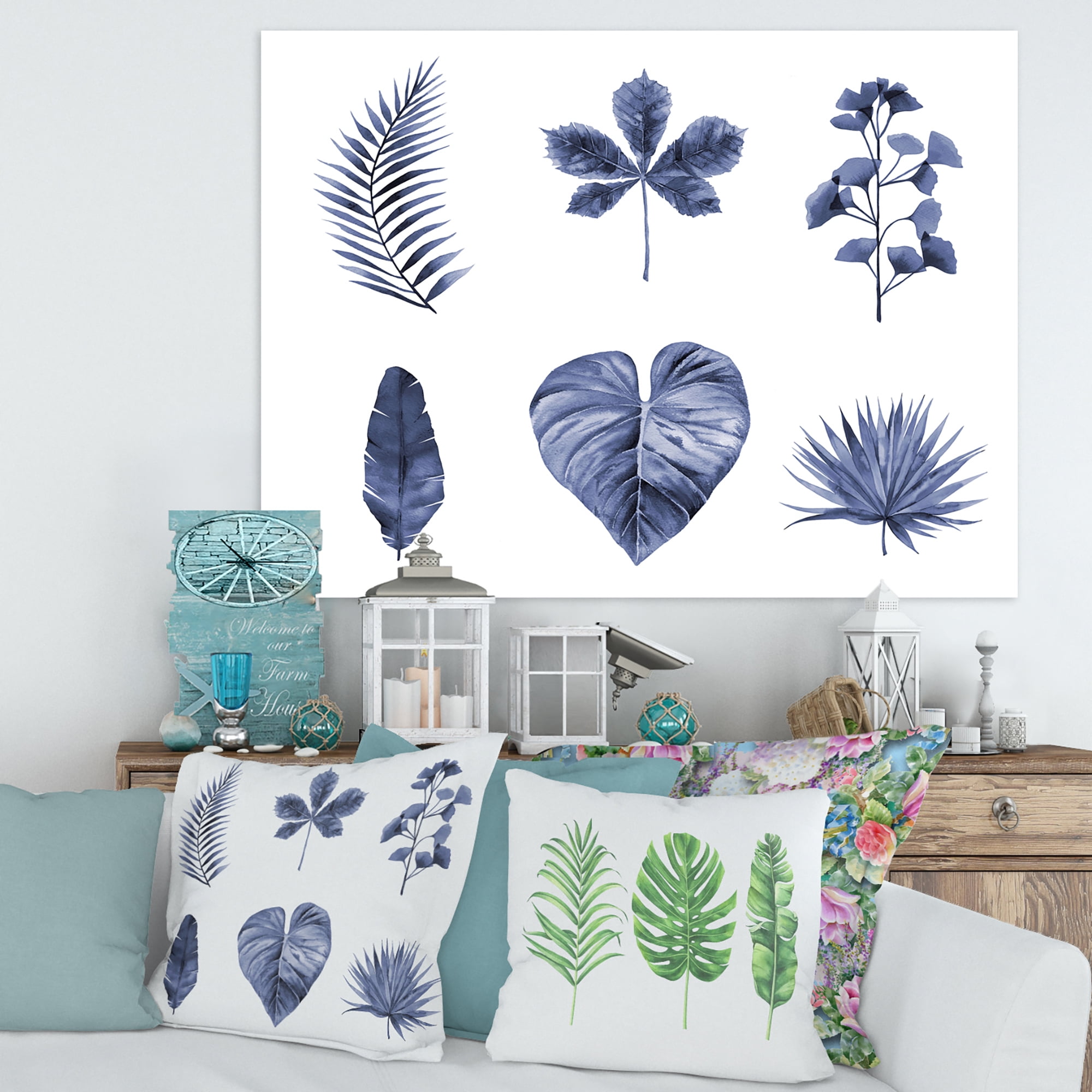 Designart ' Abstract Set Of Plant Leaves Blue ' Traditional Canvas Wall Art Print