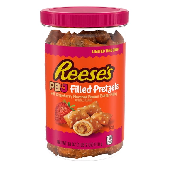 REESE'S PB&J Strawberry Flavored Peanut Butter Filled Pretzels, 18 oz Jar