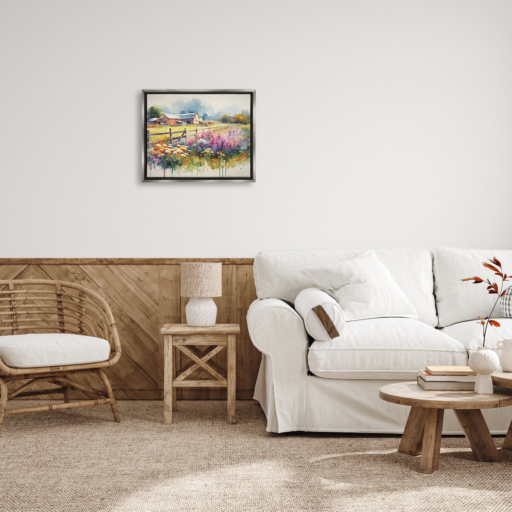 Stupell Industries Country Barn Modern Painting Landscape Painting Gray Floater Framed Canvas Art Print Wall Art, 21 x 17