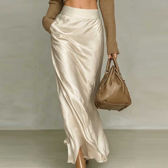 IUYRTFE Women's Satin Maxi Skirt Solid Color High Waist Ruched Side Slit Casual Flowy Long Skirt