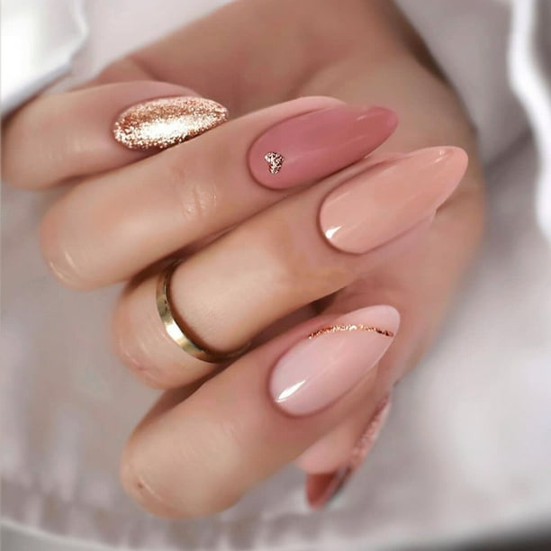 24 Uds. De uñas postizas de cabeza ovalada, uñas postizas artificiales de almendra rosa con pegamento, puntas de uñas de cobertura completa, herramientas de manicura DIY Tan Jianjun unisex