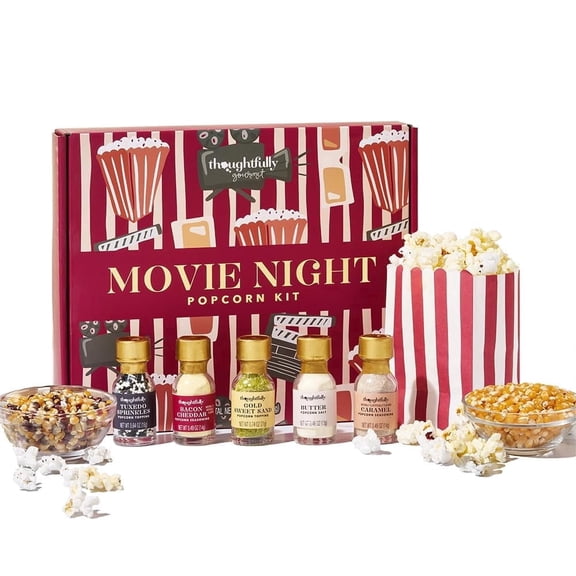 Thoughtfully Gourmet Movie Night Popcorn Kit, Yellow & Mixed Kernels, 10 Paper Bags, 5 Seasonings & Toppings for Father's Day Gifts