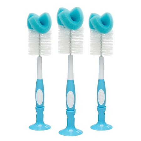 Dr. Brown's Baby Bottle Brush with Suction Cup Stand, Sponge, Scrubber & Nipple Cleaner Blue, 3 Pack