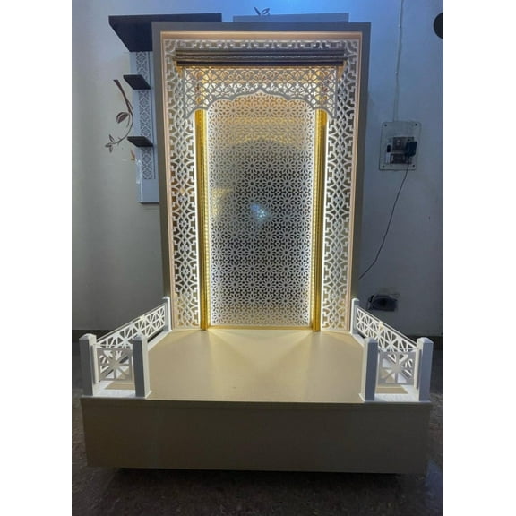 Wooden Designer Temple For Home And Office With LED Lights / Puja Mandir For Home With Cabinet Storage / Wall Hanging And Table Top Mandir