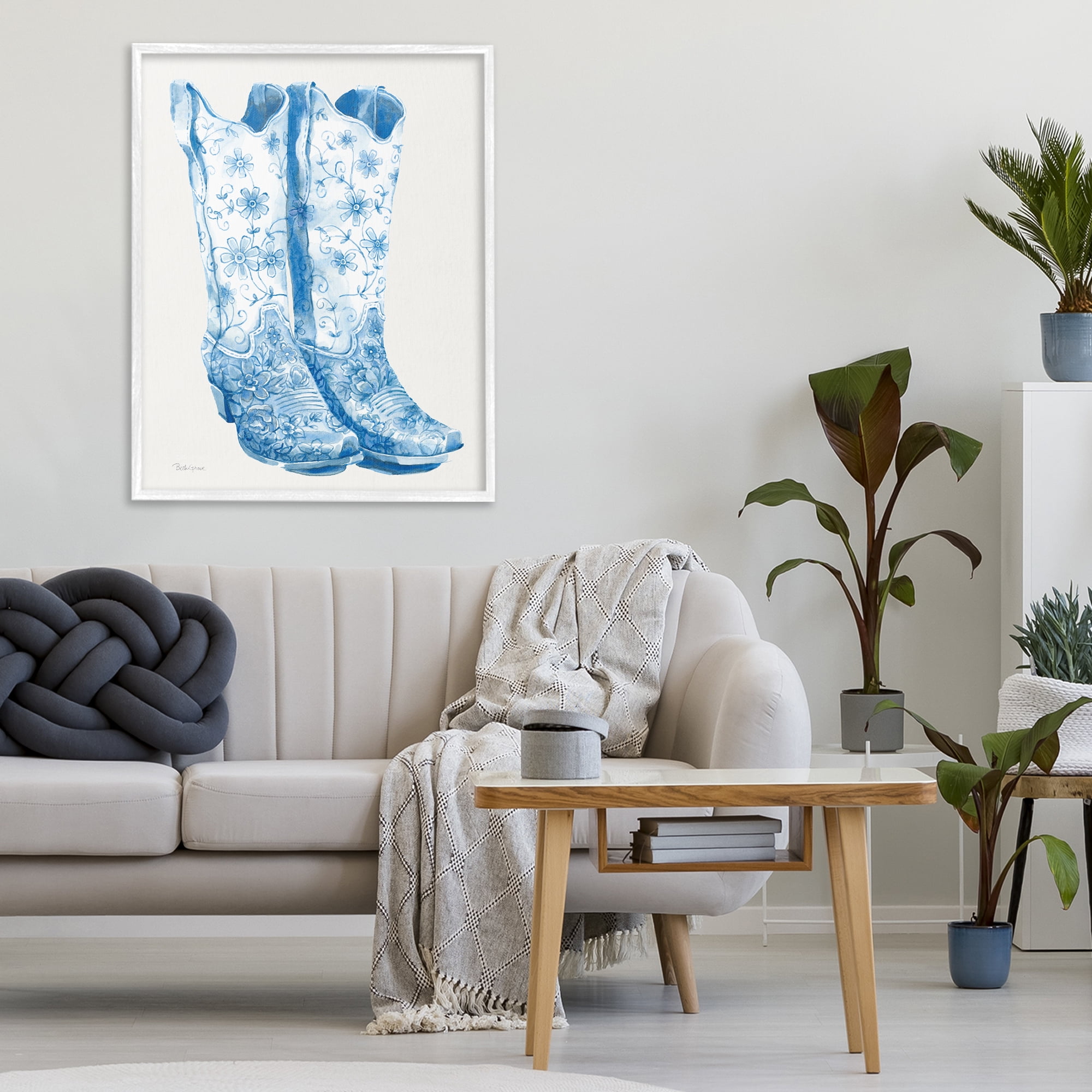 Stupell Industries Blue Boots with Floral Embroidery White Framed Giclee Art, design by Beth Grove