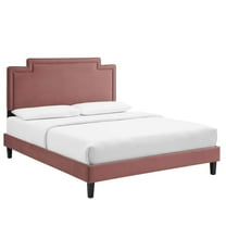 Twin Bed Brown Wood Legs Dusty Pink Velvet