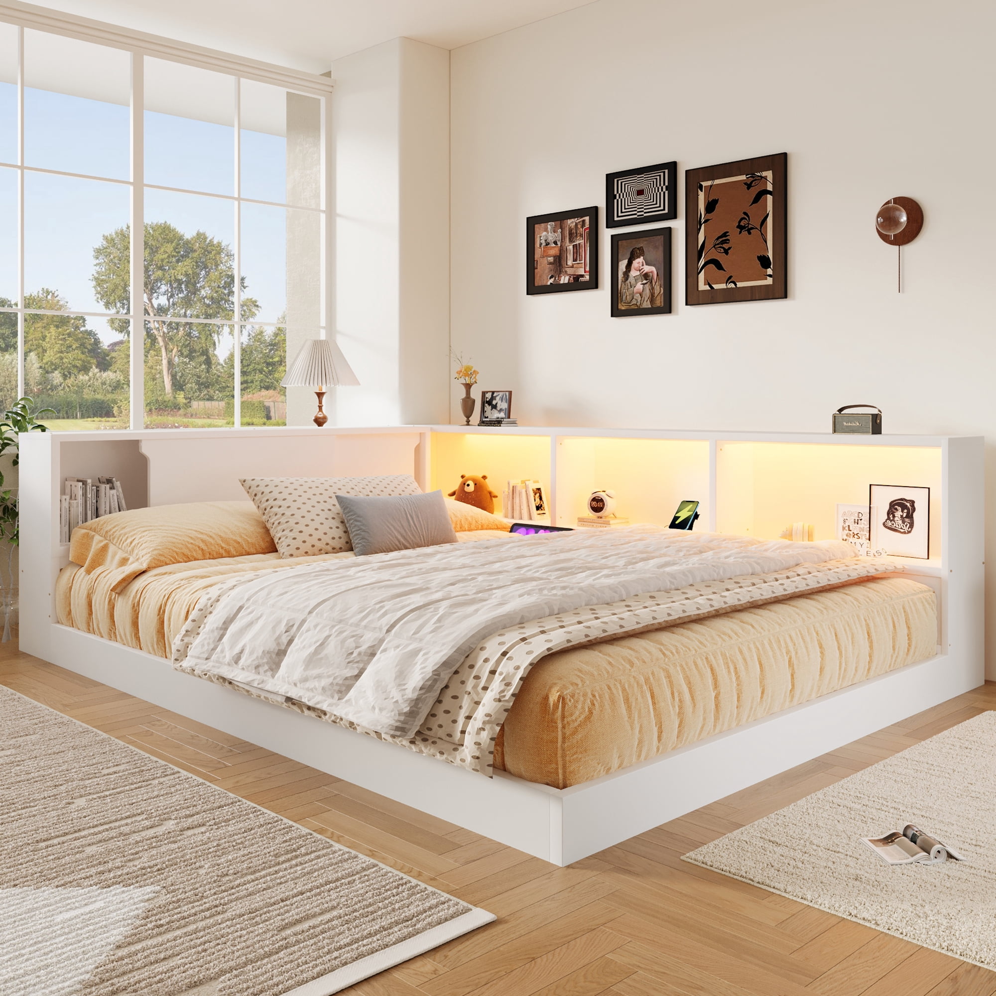 Euroco Wood Queen Size Daybed with Storage Shelves, USB Ports and LED Light, White
