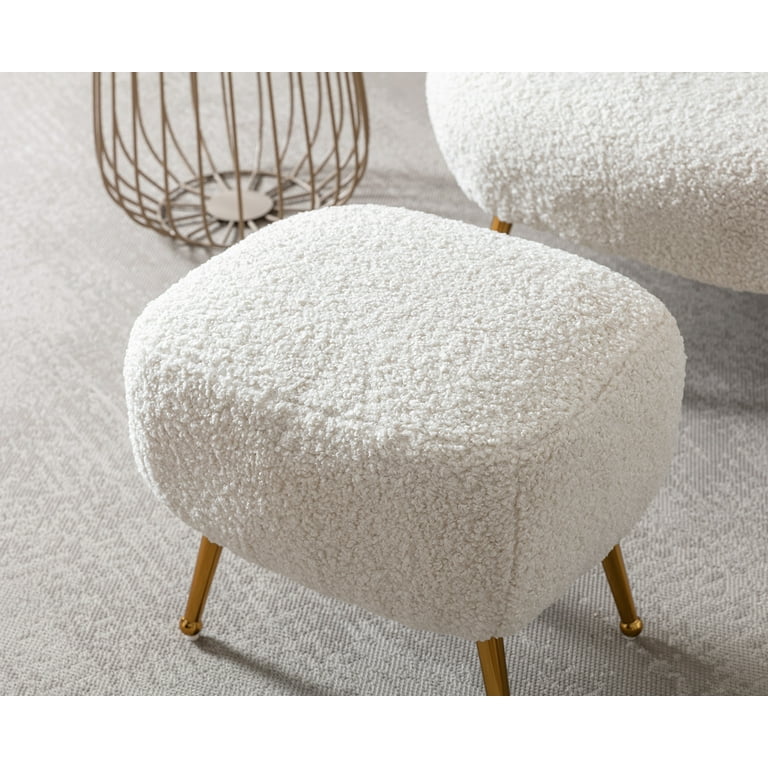 Sherpa Ottoman Stool, Modern S-Shaped Boucle Vanity Stool Pouf Ottoman Seat,  Decorative Floor Chair Foot Stool for Makeup Room, Bedroom, Living Room