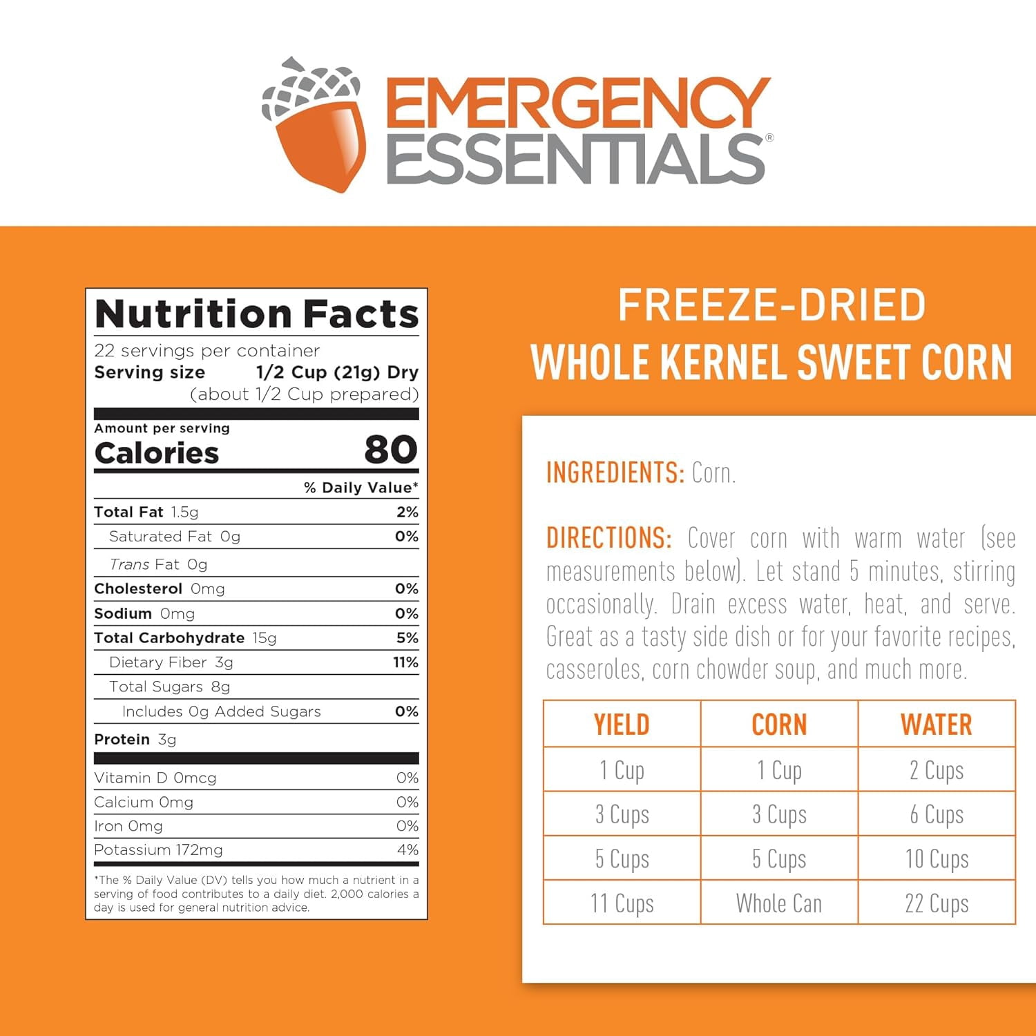 Emergency Essentials Freeze-Dried Super Sweet Corn – Large #10 Can, 30-Year Shelf Life, 22 Servings, Emergency Food Supply or Everyday Use